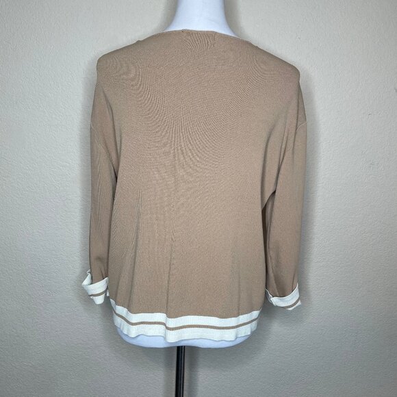 FINITY Tan Contrast Trim Cardigan XL Slinky Knit Single Button Old Money Chic - Picture 4 of 10
